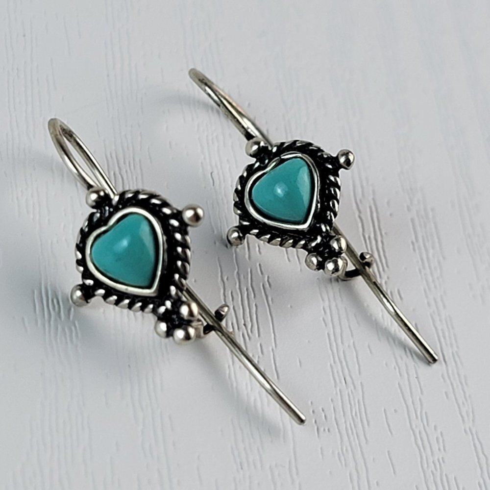 Vintage Sterling Silver Blue Stone Heart Earrings Pierced Leverback Approx. 0.5"